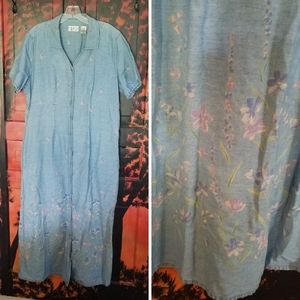 Vintage-Vibes Chambray Denim Button-Up Floral Modest Maxi Dress with Pockets, 1X